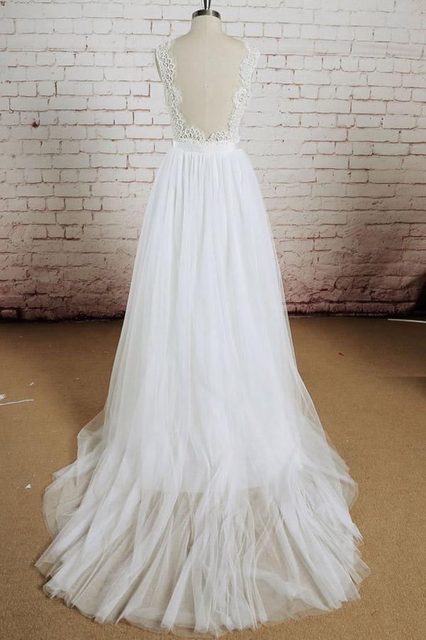 NumberSea White Tulle Lace Halter V-Neck Long Wedding Dresses with Sweep Train