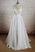 NumberSea White Tulle Lace Halter V-Neck Long Wedding Dresses with Sweep Train