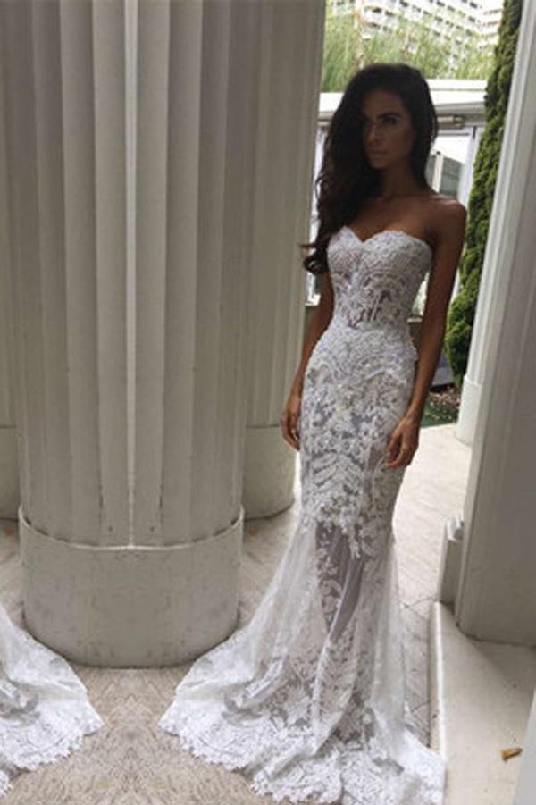 Vestido de novia largo tipo sirena, escote corazón, hombros descubiertos, blanco NumberSea, MW165 