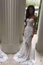 Vestido de novia largo tipo sirena, escote corazón, hombros descubiertos, blanco NumberSea, MW165 