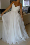 NumberSea White A-line Chiffon Simple V-neck Spaghetti Straps Court Train Wedding Dresses
