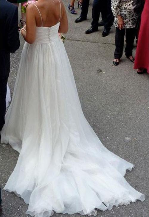 NumberSea White A-line Chiffon Simple V-neck Spaghetti Straps Court Train Wedding Dresses