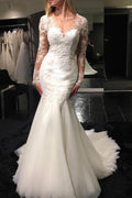 Vestido de novia NumberSea de tul blanco, escote redondo, manga larga, corte sirena, cola larga y encaje, MW194