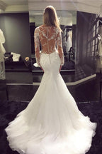 Vestido de novia NumberSea de tul blanco, escote redondo, manga larga, corte sirena, cola larga y encaje, MW194
