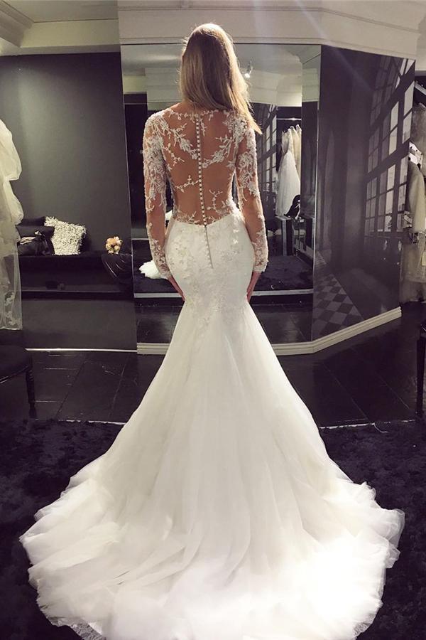 Vestido de novia NumberSea de tul blanco, escote redondo, manga larga, corte sirena, cola larga y encaje, MW194