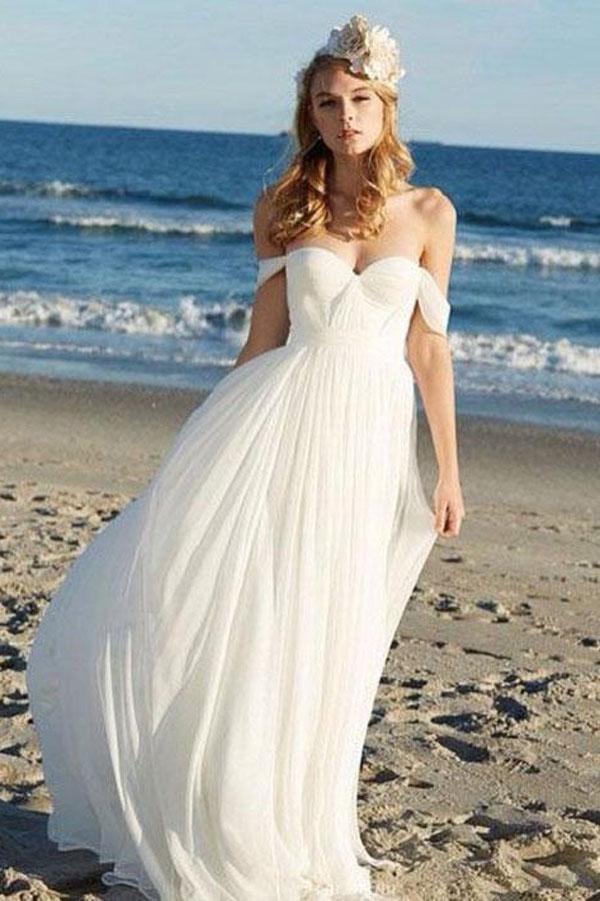 Vestido de novia de verano de playa, de gasa sencillo color marfil, corte A, sin hombros, de NumberSea