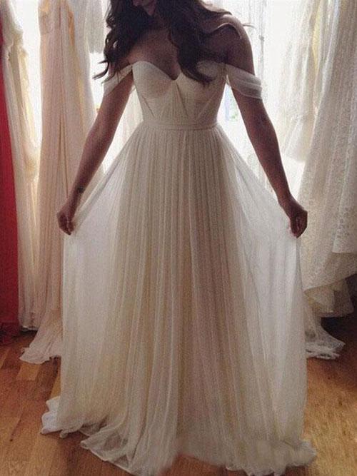 Vestido de novia de verano de playa, de gasa sencillo color marfil, corte A, sin hombros, de NumberSea