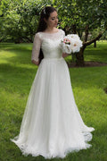 Vestidos de novia largos NumberSea con escote de encaje blanco y media manga, vestidos de novia económicos, MW160
