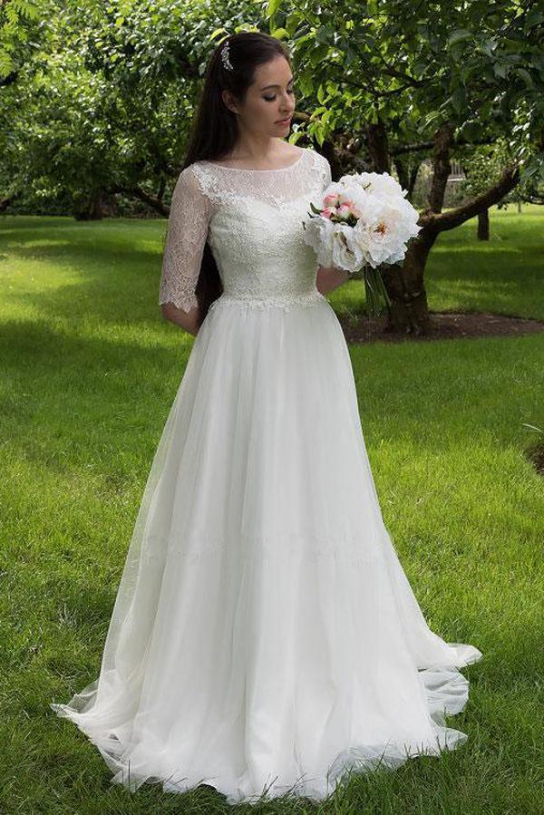 Vestidos de novia largos NumberSea con escote de encaje blanco y media manga, vestidos de novia económicos, MW160