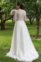 Vestidos de novia largos NumberSea con escote de encaje blanco y media manga, vestidos de novia económicos, MW160