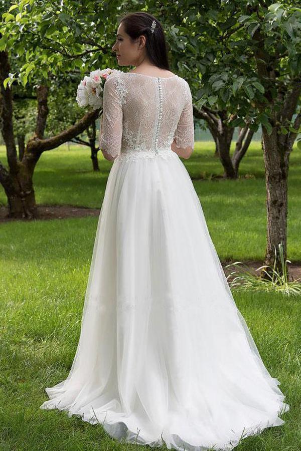 Vestidos de novia largos NumberSea con escote de encaje blanco y media manga, vestidos de novia económicos, MW160