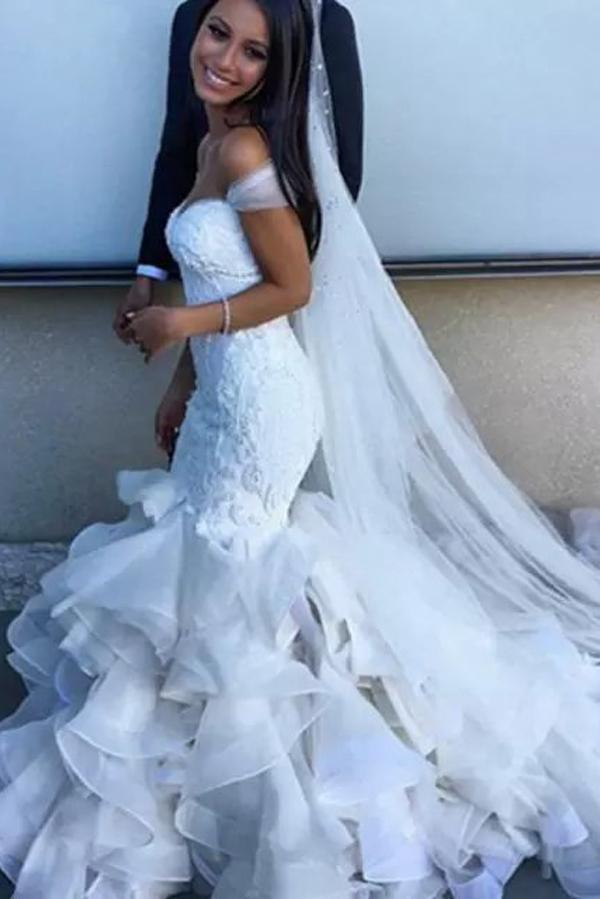 Vestido de novia NumberSea blanco con escote corazón, corte sirena y volantes, hombros descubiertos, MW157