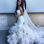 Vestido de novia NumberSea blanco con escote corazón, corte sirena y volantes, hombros descubiertos, MW157