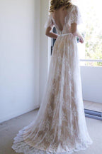 Vestido de novia largo de encaje, corte A, romántico, blanco, espalda abierta, mangas cortas, NumberSea, MW208 