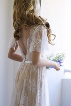 Vestido de novia largo de encaje, corte A, romántico, blanco, espalda abierta, mangas cortas, NumberSea, MW208 