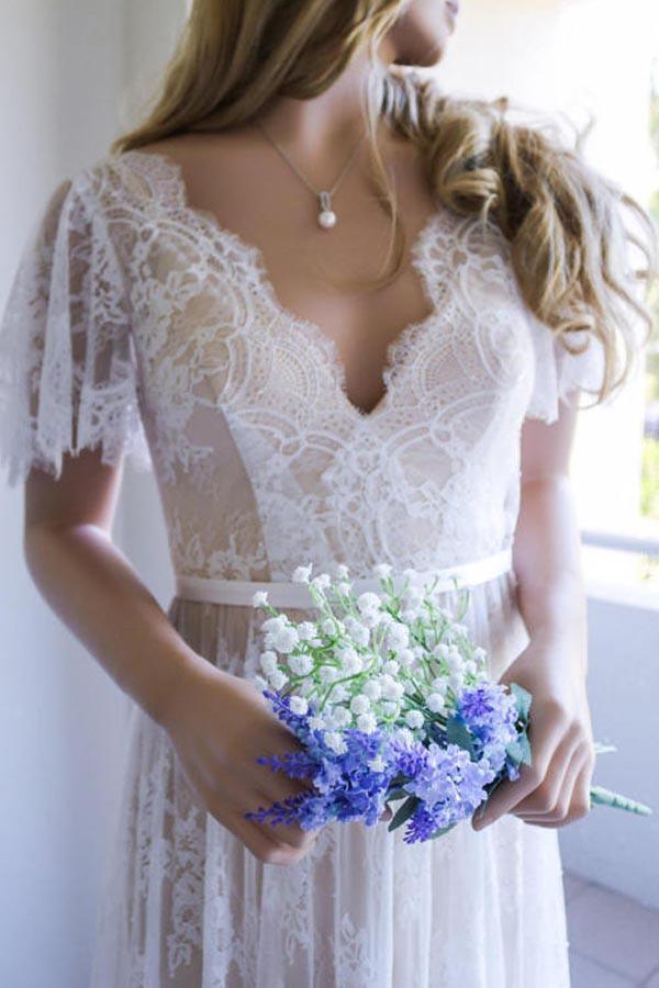 Vestido de novia largo de encaje, corte A, romántico, blanco, espalda abierta, mangas cortas, NumberSea, MW208 