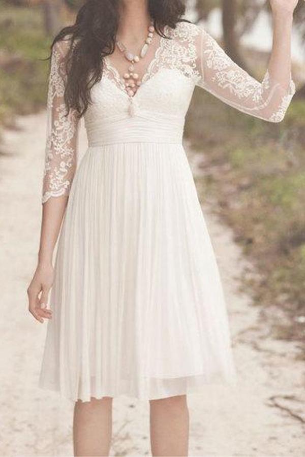 Vestido de novia vintage NumberSea blanco de corte A, largo hasta la rodilla, con mangas 3/4 y encaje, MW248 