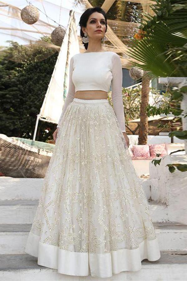 Vestido de novia NumberSea de dos piezas color marfil, corte A, económico, con encaje y mangas largas, MW196 