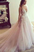Vestido de novia largo NumberSea en color rosa, corte A, escote en V, espalda transparente y apliques, talla MW245 
