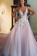 Vestido de novia largo NumberSea en color rosa, corte A, escote en V, espalda transparente y apliques, talla MW245 