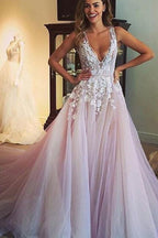 Vestido de novia largo NumberSea en color rosa, corte A, escote en V, espalda transparente y apliques, talla MW245 