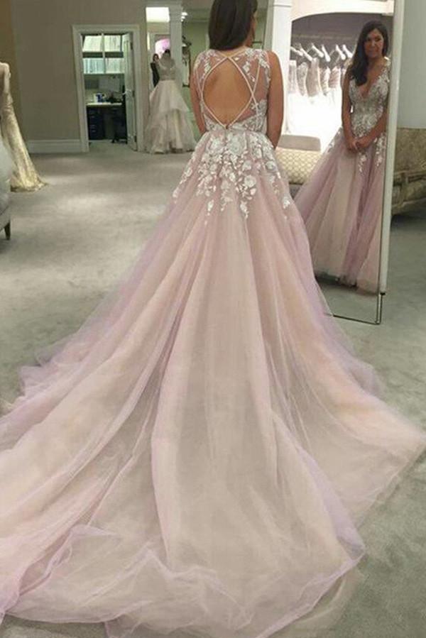 Vestido de novia largo NumberSea en color rosa, corte A, escote en V, espalda transparente y apliques, talla MW245 