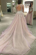 Vestido de novia largo NumberSea en color rosa, corte A, escote en V, espalda transparente y apliques, talla MW245 