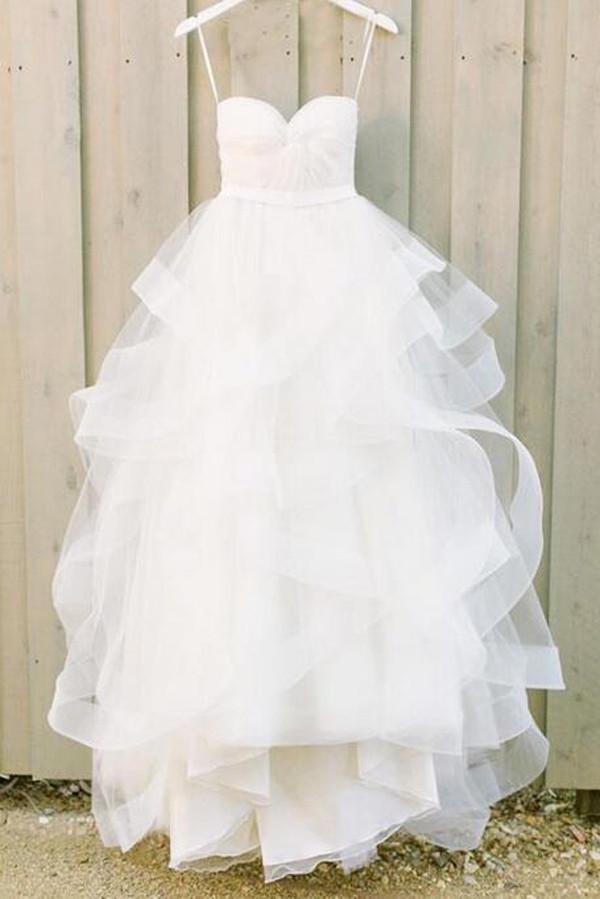 Vestido de novia económico con escote corazón y tirantes finos en blanco de NumberSea, MW219 