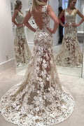 Vestido de novia NumberSea con encaje transparente, espalda abierta, cola larga y apliques, MW201 