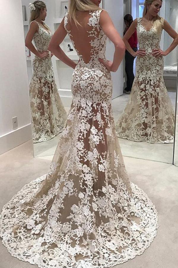 Vestido de novia NumberSea con encaje transparente, espalda abierta, cola larga y apliques, MW201 
