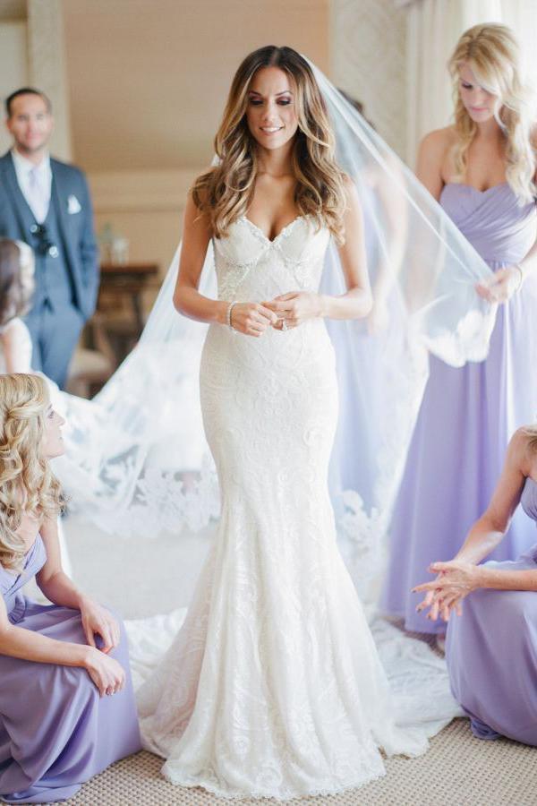 Vestido de novia NumberSea blanco con escote corazón, corte trompeta, encaje, apliques y cola larga, MW255 