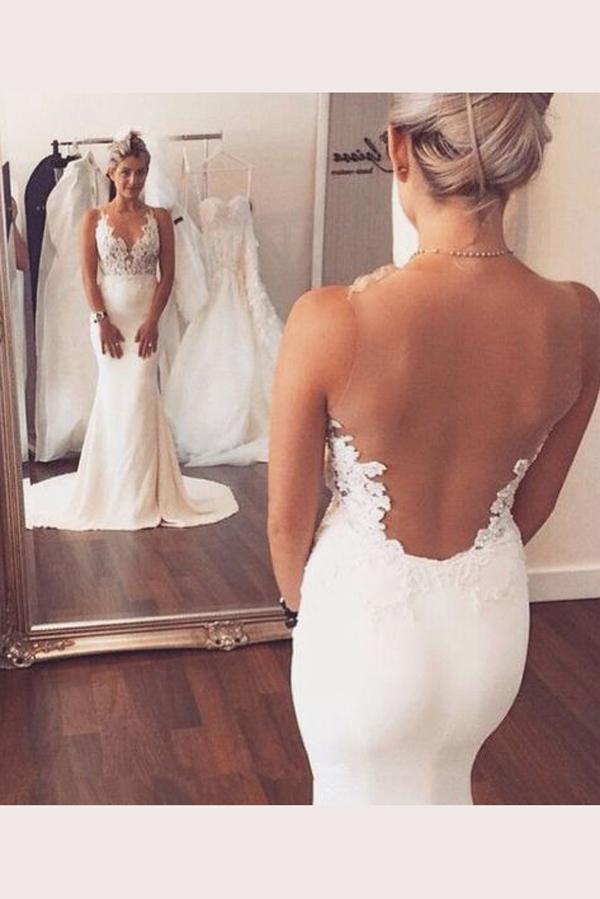 Vestido de novia NumberSea blanco con espalda descubierta, tirantes finos y corte trompeta, MW225 