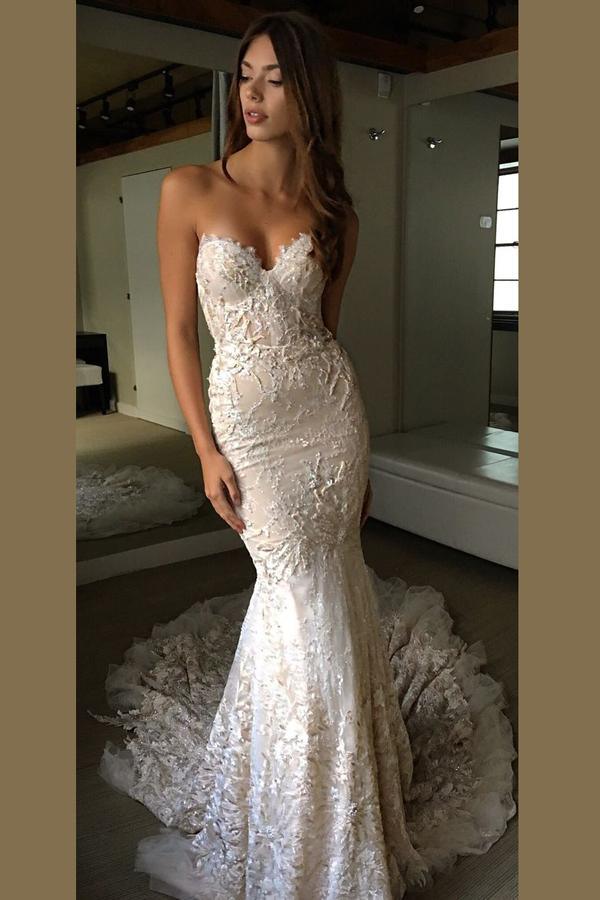 Vestido de novia NumberSea sin tirantes, espalda abierta, escote corazón y cola de trompeta, MW193 