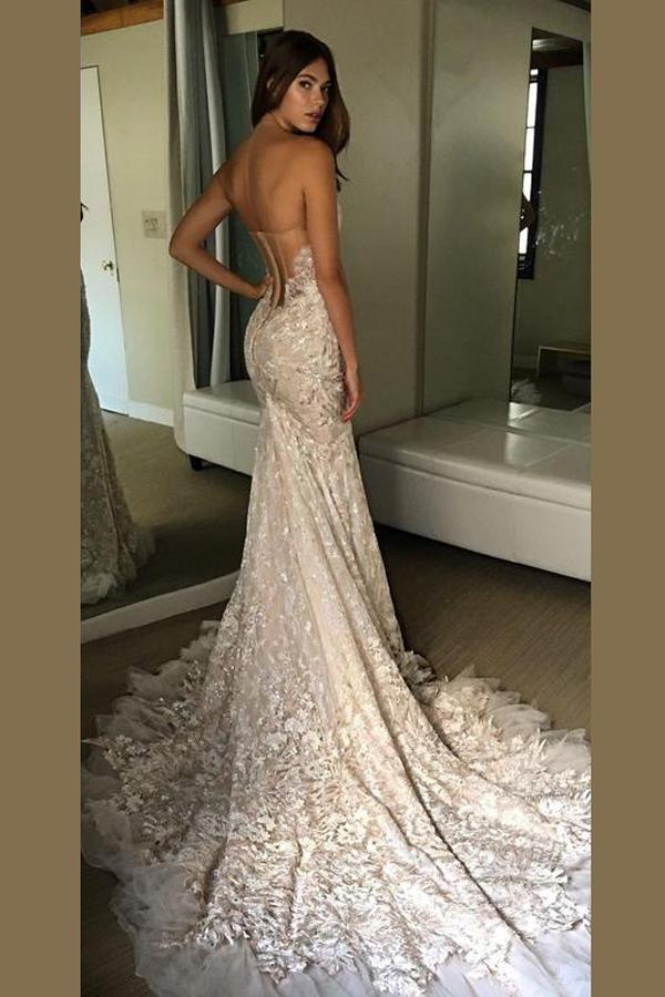 Vestido de novia NumberSea sin tirantes, espalda abierta, escote corazón y cola de trompeta, MW193 