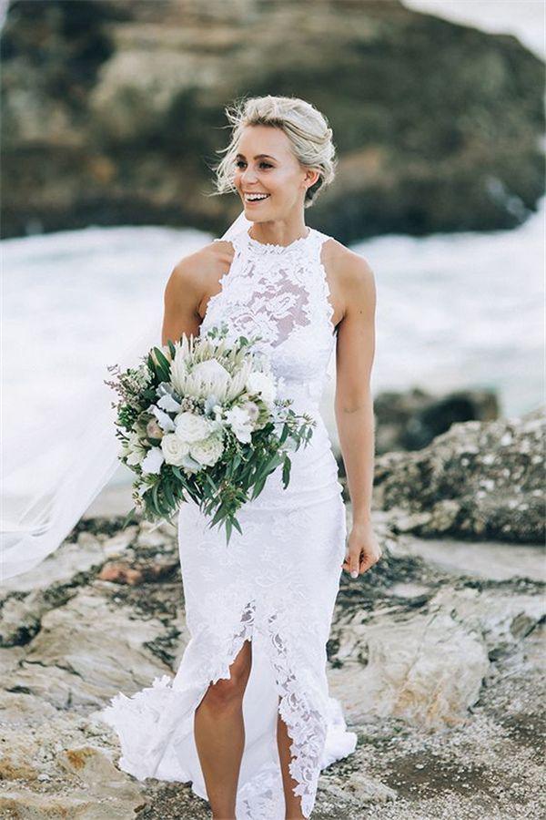 Vestido de novia de playa NumberSea con escote halter, encaje blanco y cola larga, con apliques, MW161 