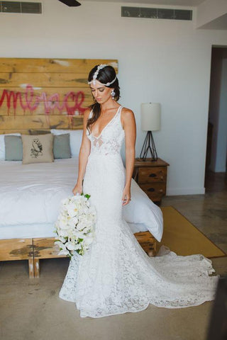 NumberSea Robe de mariée en tulle blanc à col en V profond avec traîne et appliques, MW134 