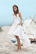 Vestido de novia de playa sencillo con escote corazón, tirantes finos y corte asimétrico en blanco NumberSea, MW223 
