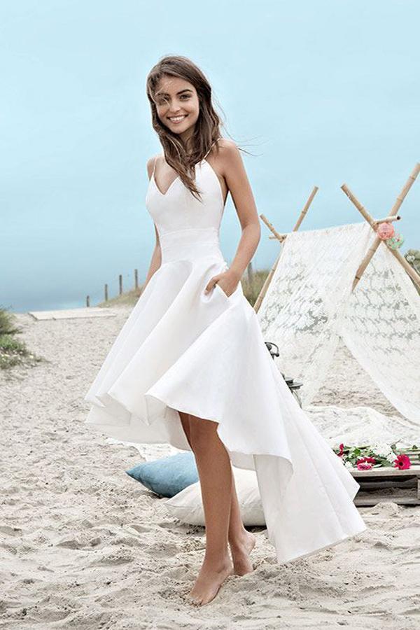 Vestido de novia de playa sencillo con escote corazón, tirantes finos y corte asimétrico en blanco NumberSea, MW223 