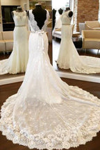 NumberSea White Lace Open Back Mermaid Vintage Scoop Neckline Wedding Dresses