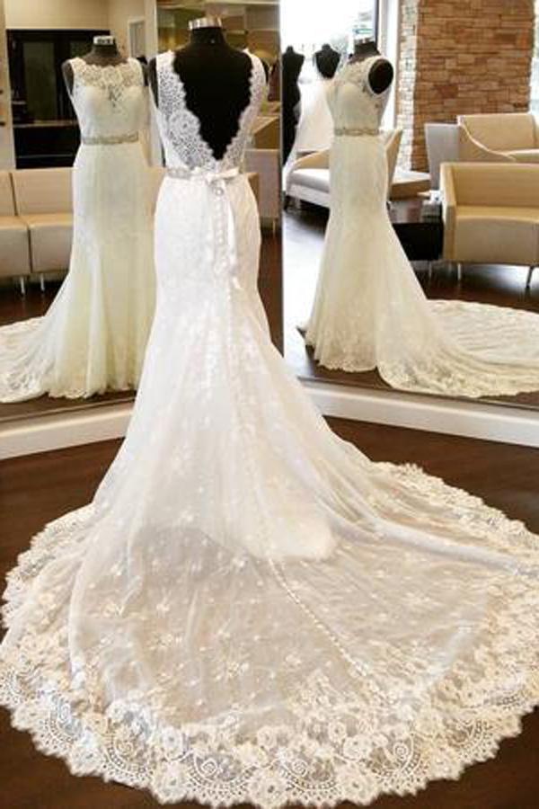 NumberSea White Lace Open Back Mermaid Vintage Scoop Neckline Wedding Dresses