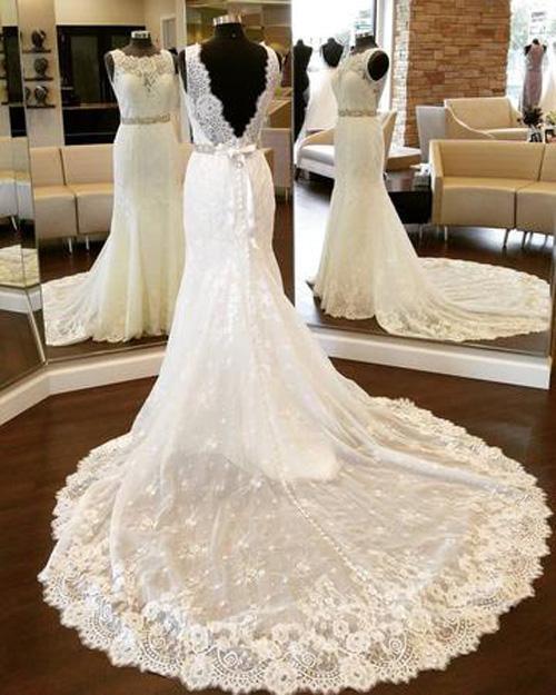 NumberSea White Lace Open Back Mermaid Vintage Scoop Neckline Wedding Dresses