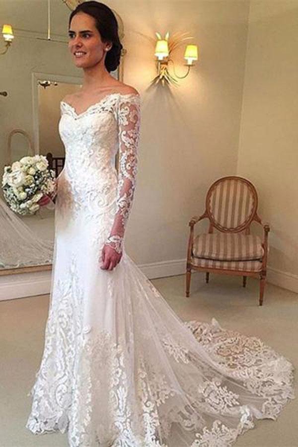 Vestido de novia NumberSea blanco con mangas largas, hombros descubiertos, encaje y cola larga, MW236 