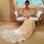 Vestido de novia NumberSea blanco con mangas largas, hombros descubiertos, encaje y cola larga, MW236 