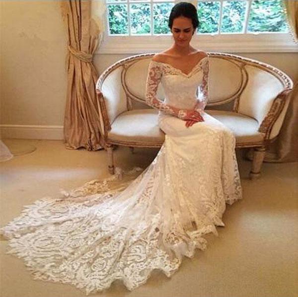 Vestido de novia NumberSea blanco con mangas largas, hombros descubiertos, encaje y cola larga, MW236 
