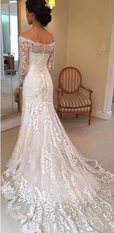 Vestido de novia NumberSea blanco con mangas largas, hombros descubiertos, encaje y cola larga, MW236 