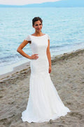 NumberSea White Cap Sleeves Scoop Neck Open Back Lace Beach Wedding Dresses