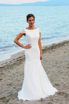 NumberSea White Cap Sleeves Scoop Neck Open Back Lace Beach Wedding Dresses