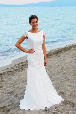 NumberSea Weißes Strand-Brautkleid mit Flügelärmeln, Rundhalsausschnitt, offenem Rücken und Spitze, MW199 
