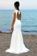 NumberSea White Cap Sleeves Scoop Neck Open Back Lace Beach Wedding Dresses