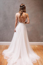 Vestido de novia NumberSea sencillo de tul con tirantes finos y espalda descubierta, corte A, online, MW253 